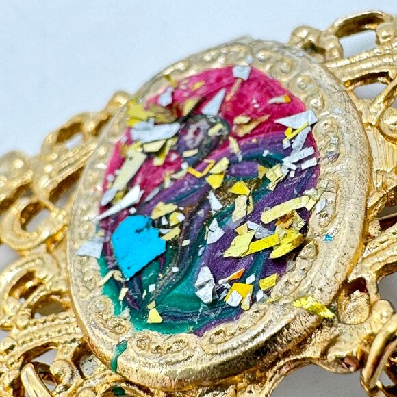 Vtg Gold Tone Filigree Brooch Colorful Mosaic Center & Dangling Chain Accents - Picture 2 of 9